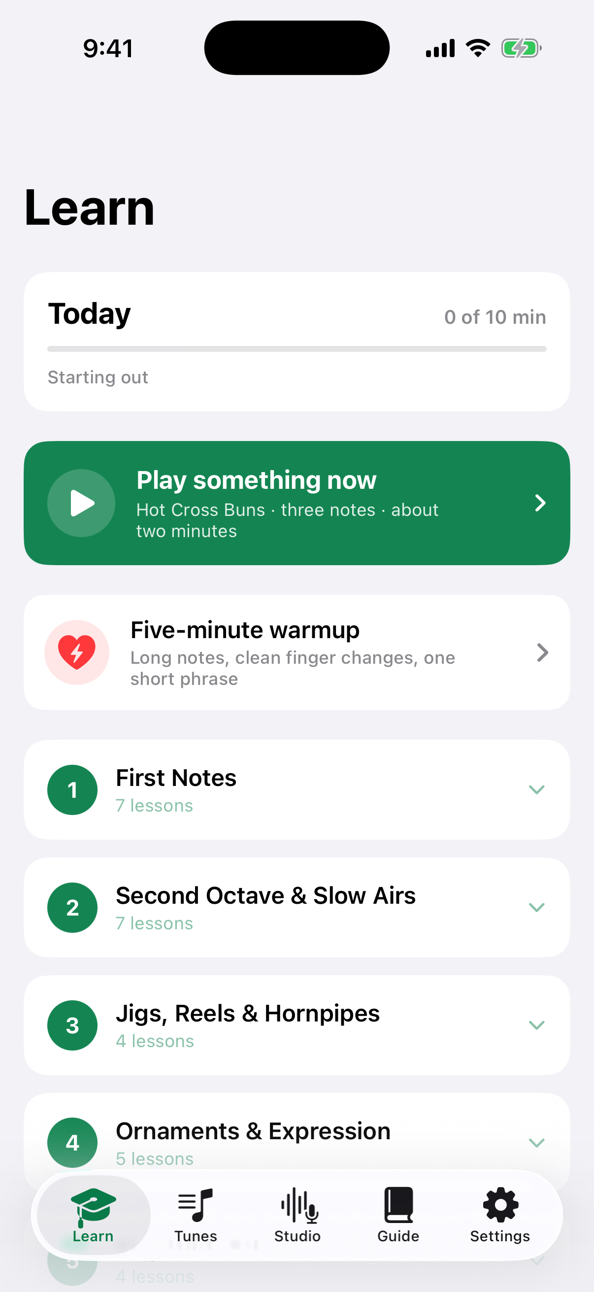 Mooney's Learn screen with a Play something now button