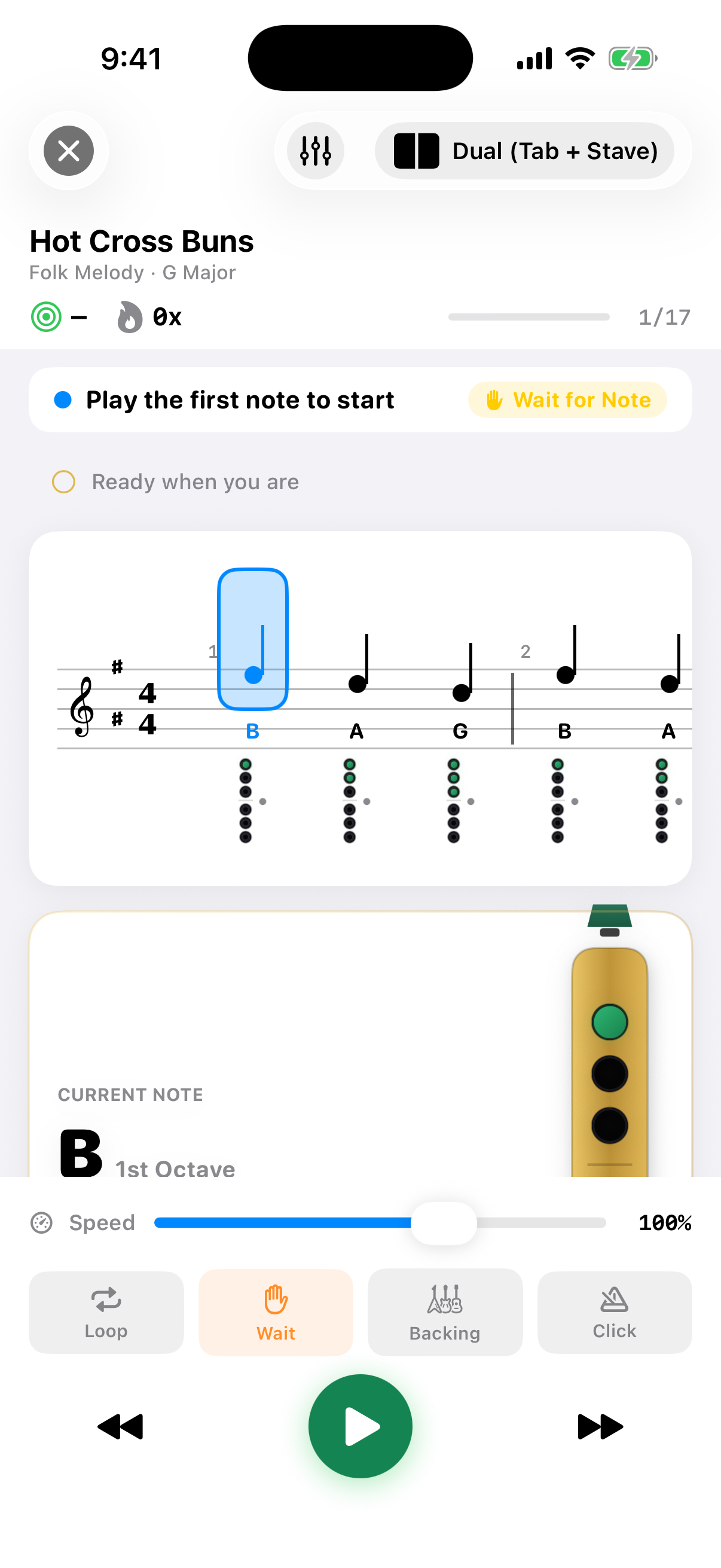 Mooney's Practice screen showing Hot Cross Buns notes and whistle fingerings
